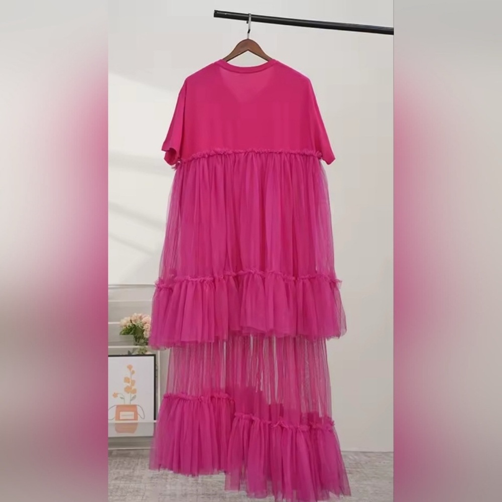 Pink Tiered Tulle Midi Dress